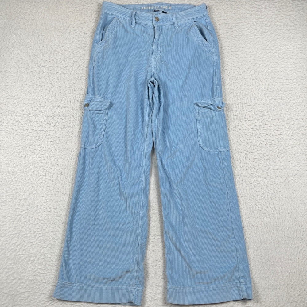 American Eagle Cargo Pants Womens 10 Blue Corduroy Baggy Wide Leg High Rise